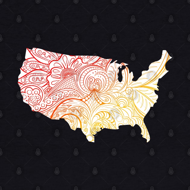 Colorful mandala art map of the United States of America in red and yellow with white background by Happy Citizen